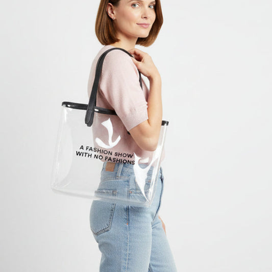 A FASHION SHOW WITH NO FASHIONS clear tote bag