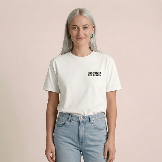 I BROUGHT THE BUNNY t-shirt small text white