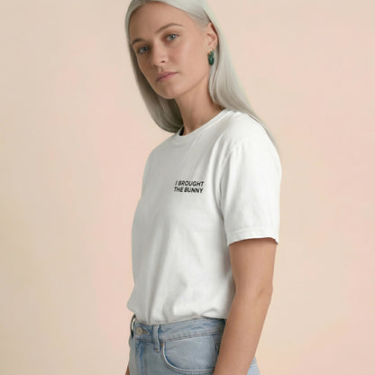 I BROUGHT THE BUNNY t-shirt small text white